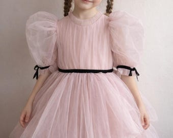 Blush Pink Flower Girl Dress: Long Puff Sleeves, Tulle Princess Floor Length - Wedding, Birthday