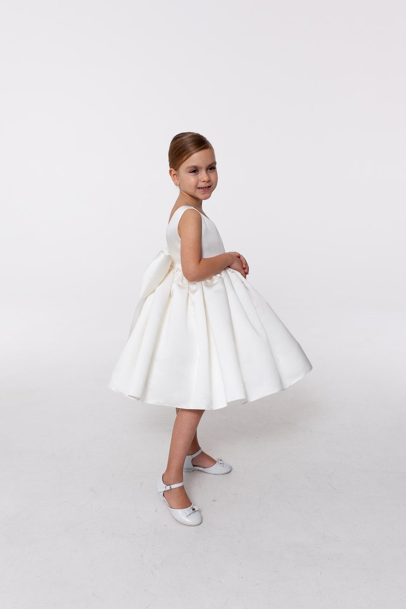White Satin Flower Girl Dress Big Bow Tutu Girl Dress Etsy