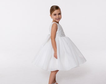 Big bow white flower girl dress, open back girl dress sleeveless, junior bridesmaid girl dress for wedding party, white tutu girl dress