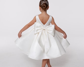 White satin flower girl dress big bow, toddler wedding dress, junior bridesmaid girl dress for wedding party, baptism christening dress