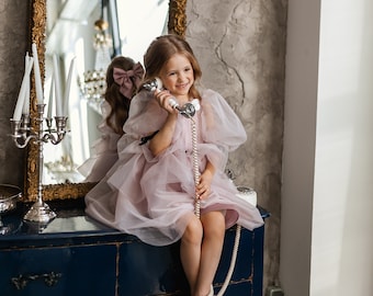 Pale rose flower girl dress, Organza girl dress with puffy sleeves, Wedding girl dress, Bridesmaid kid's gown, Tutu girl dress photoshoot