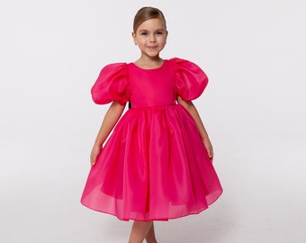 Bright pink girl dress, fuchsia kids dress, organza girl dress with sleeves pageant, kids bridesmaid dress, special occasion dress for girls
