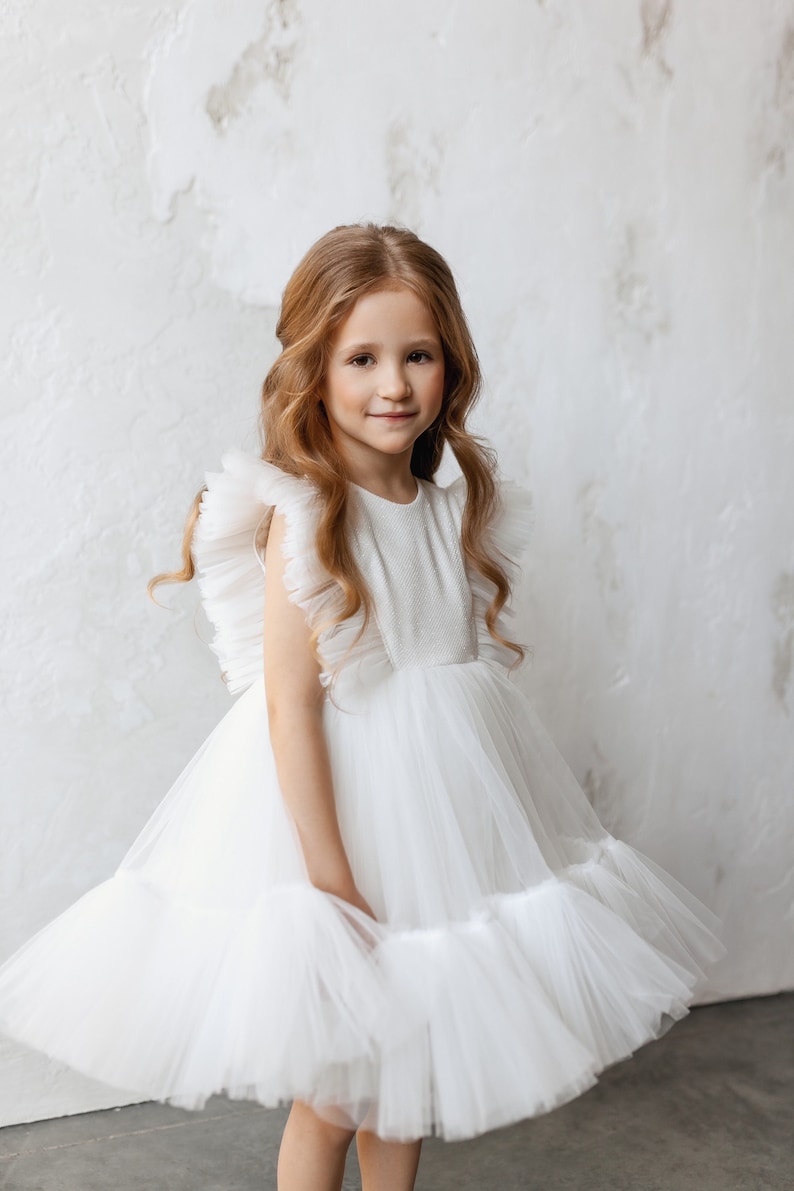 White flower girl dress glitter, Shimmer tulle girl gown, Girl dress for wedding, Birthday girl dress, 1st communion kid's dress for girl image 1