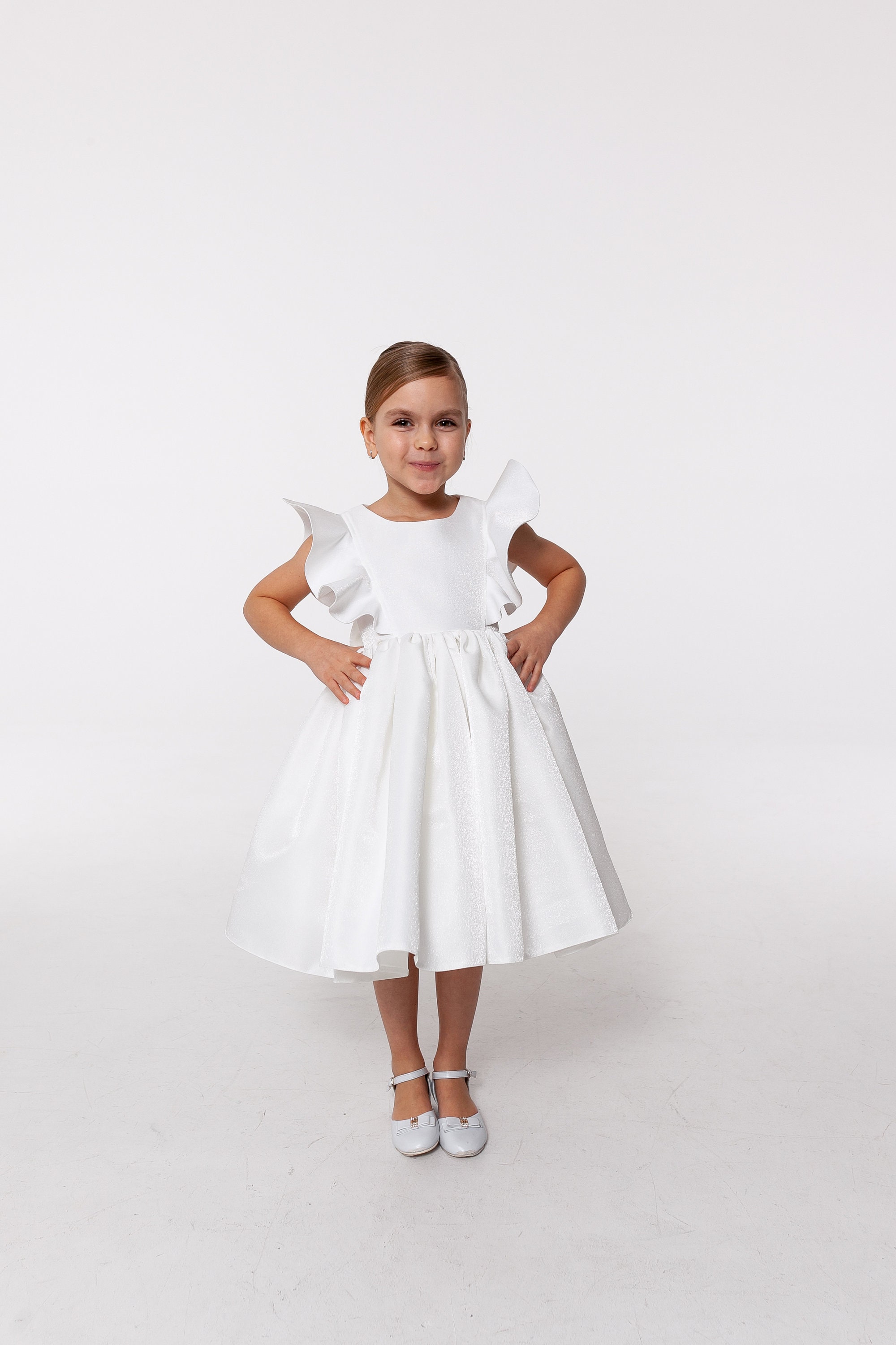 White Flower Girl Dress, Satin Girl Dress, Girl Dress for Wedding
