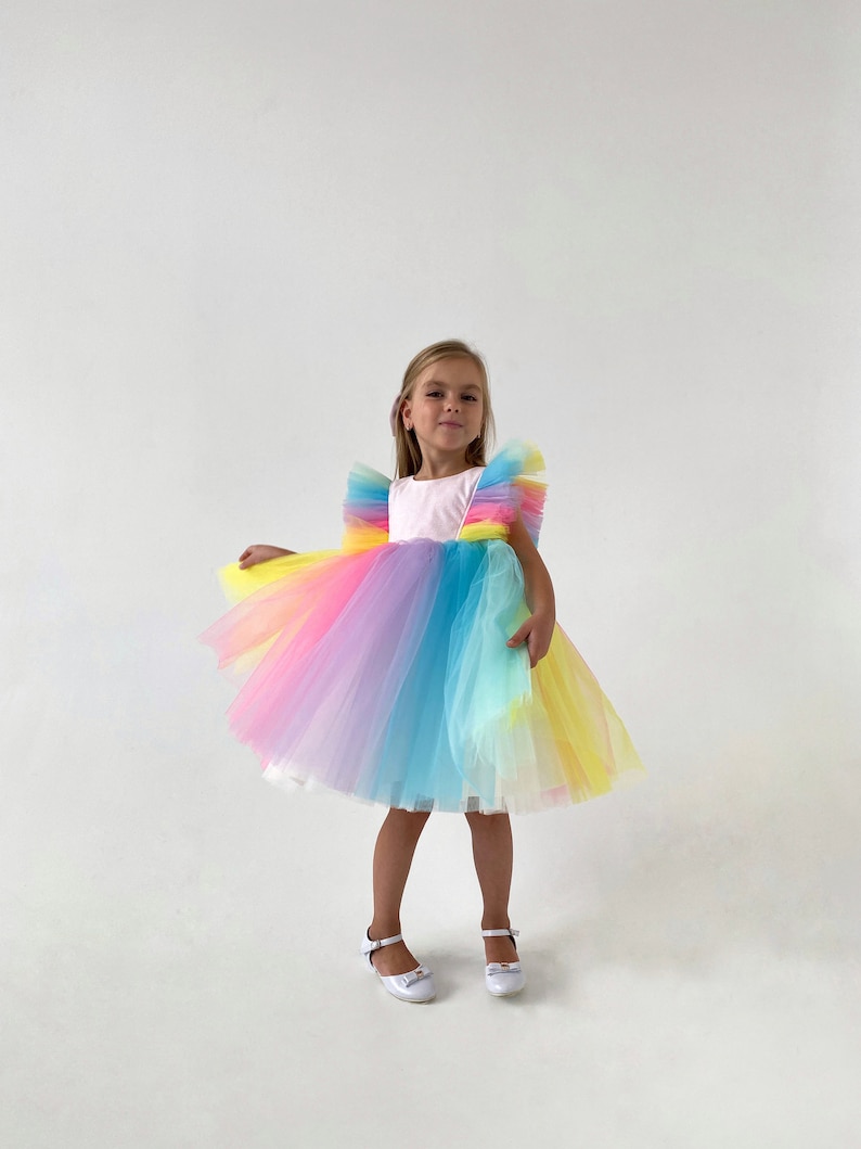 Regenbogen Blumenmädchen Kleid, Tüll Mädchen Kleid, Geburtstag Mädchen Kleid, Tütü Mädchen Kleid, Blumenmädchen Kleid für Hochzeit, Weihnachten Mädchen Kleid Bild 4