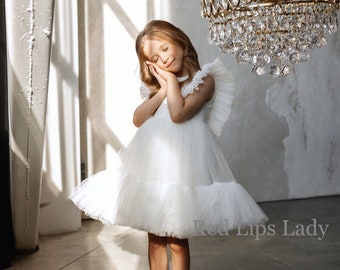 White flower girl dress, Tulle tutu girl dress, girl dress for wedding, Birthday girl dress, Baptism communion christening kid's dress