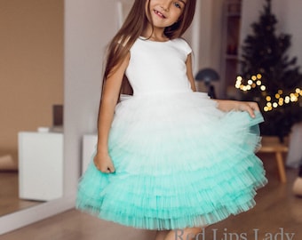 Weiß Blumen Mädchen Kleid, Tüll mint grün Mädchenkleid, Bday Mädchen Boho Kleid, Ombre Rock Mädchenkleid lang, Mädchenkleid für Hochzeit, Geburtstag