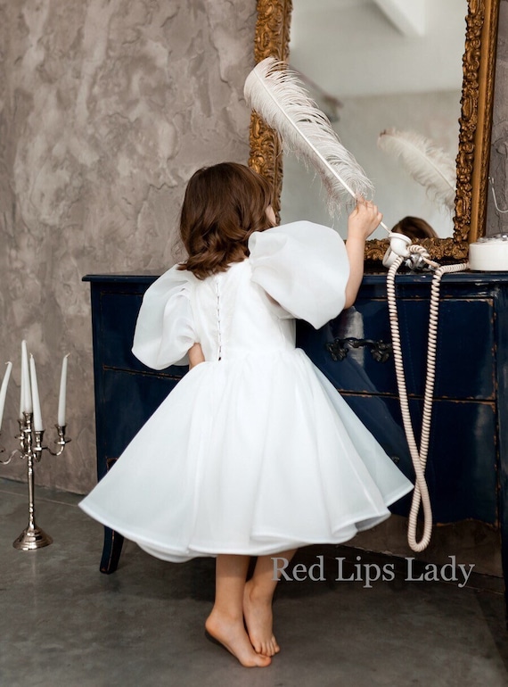 long sleeve baby dress for wedding White Flower Girl Dress: Organza, Long Puffy Sleeves, Baby Toddler Tutu -  Baptism, Christening, Pageant