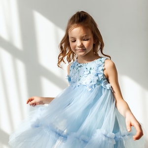Blue flower girl dress, Tulle Baby Girl Dress, Boho Girls Dress wedding party, Birthday Princess Dress, Photoshoot girl dress toddler