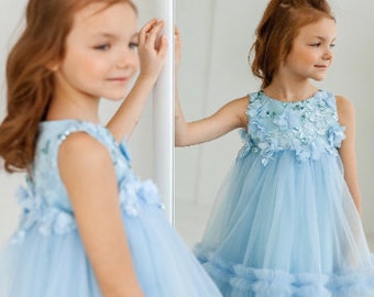 Blue flower girl dress, Tulle Baby Girl Dress, Boho Girls Dress wedding party, Birthday Princess Dress, Photoshoot girl dress toddler