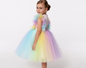 Rainbow tutu girl dress, princess dress, birthday girl dress multi colour, sleeveless puffy girl dress