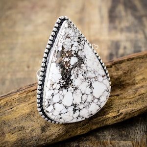 Natural American Wild Horse Ring Silver Statement Ring, In Sterling Silver, Size / 9 US