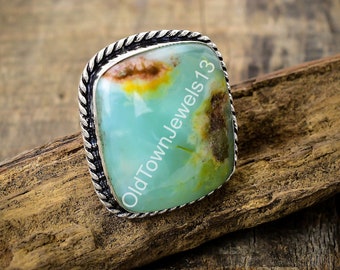 Rare Chrysoprase Large Ring, Statement Ring, In Sterling Silver, Size / 8 US