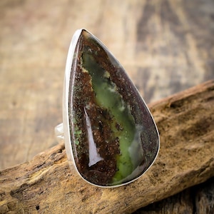 Rare Chrysoprase Large Ring, Statement Ring, In Sterling Silver, Size / 9 US