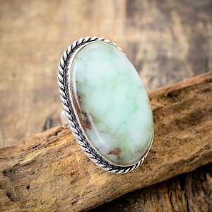 Rare Chrysoprase Large Ring, Statement Ring, In Sterling Silver, Size / 9 US