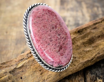 Handmade Pink Rhodonite Statement Ring: Sterling Silver, Size 8 3/4