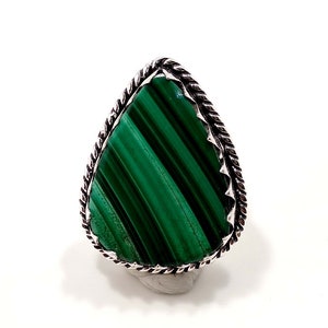 Natural Malachite Ring, Silver Malachite Gemstone Ring, In Sterling Silver, Size / 7 US