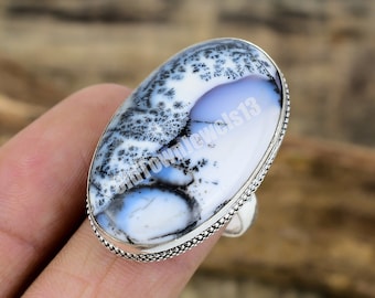 Dendritic Opal Ring, Statement Ring, In Sterling Silver, Size / 9 US