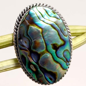Grote ring met abaloneschelp, van sterlingzilver, maat: 7 US