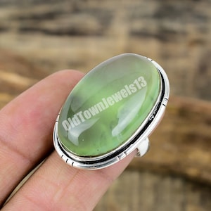 Natural Prehnite Ring, Women Ring,  Prehnite Jewelry Gift For Her In Sterling Silver, Size / 8 1/2 US