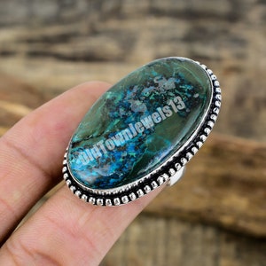 Rare Chrysocolla Ring Large Ring, Statement Ring, In Sterling Silver, Size / 9 US