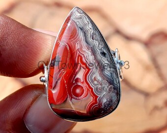 Handmade Pear Crazy Lace Agate Ring, 925 Sterling Silver, Two Wire Band