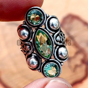 Natural Peridot Three Stone Sterling Silver Ring: Handmade Trilogy Design