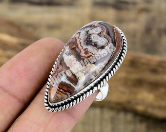Mexican Crazy Lace Agate Ring, Women Jewelry Ring In Sterling Silver, Size / 9 US