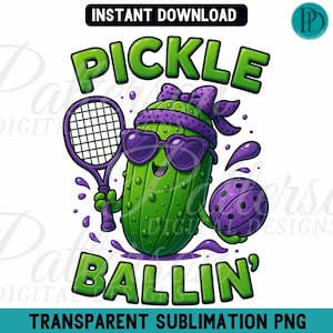 Funny Pickleball PNG Clipart for Sublimation, Purple Coquette Bow Pickle Character With Paddle and Ball Design, Pickle Player Pun Graphic