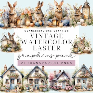 Vintage Aquarell Ostern Clipart Pack für kommerzielle Nutzung Transparente PNGs Clip Art für Kinderzimmer Grafik Frühling Osterhasenkorb mit Eiern