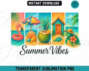 Summer Vibes PNG, Flamingo, Coconut, Sea Turtle Sublimation (Digital Download)