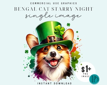 Adorable Corgi in St. Patrick’s Day Hat Transparent PNG, Irish Dog Sublimation Design Graphic, Shamrock Clipart, Cute Digital Download