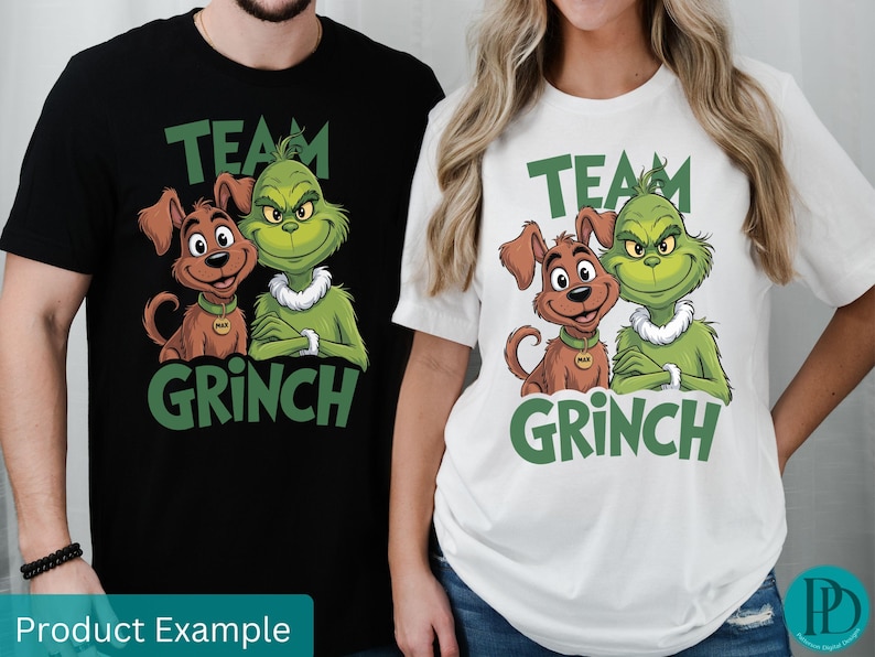 K&ouml;nnte beinhalten: Schwarze und wei&szlig;e T-Shirts mit einer Grafik des Grinch und eines braunen Hundes. Der Text "TEAM GRINCH" steht &uuml;ber den Figuren und "GRINCH" darunter. Die T-Shirts werden von zwei Personen getragen.