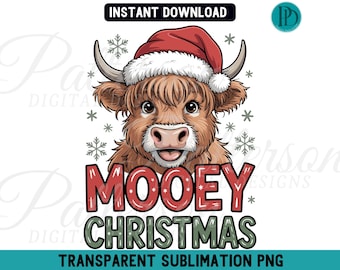 Mooey Christmas Highland Cow PNG, Festive Farmhouse Clipart (Digital Download)