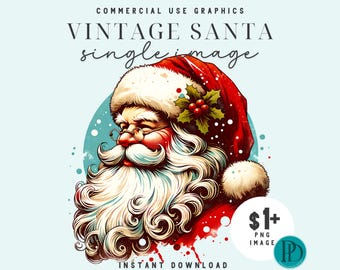 Vintage Santa Claus PNG, Retro Christmas Clipart, Holly Accent Transparent Graphic (Digital Download)