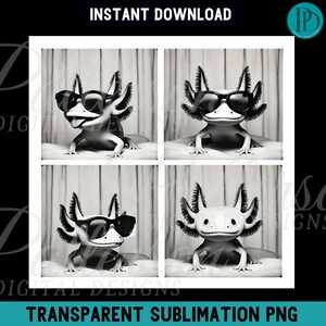 May include: Four black and white photos of axolotls wearing sunglasses. Each axolotl is posed in a different position. The photos are set against a white background with a subtle pattern.