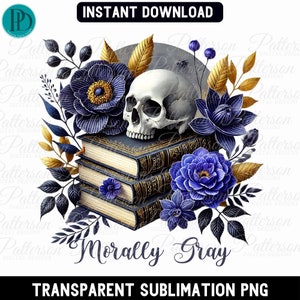 Moreel grijs sublimatieontwerp, schedel- en boekillustraties, romantiek transparante png, leesgrage pittige boekenclub Booktok Dark Academia Graphic