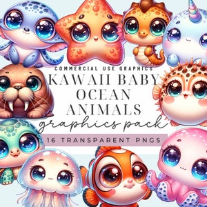 Süße Kawaii Baby Ozean Tiere Grafik Clipart Pack Digitaler Download für Dusche Kinderzimmer Dekor Sublimation PNG für Kinder Party Einladungen