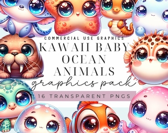 Cute Kawaii Baby Ocean Animals Graphic Clipart Pack Digital Download for Shower Nursery Decor Sublimation PNG for Kids Party Invitations