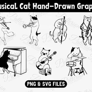 Muzikale kattenbundel, jazzkatten SVG, kattenbundel, muziek transparante png, Cricut, katten die muziekinstrumenten spelen, instant digitale download