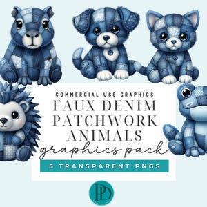 Peut inclure: Graphiques de cinq animaux en patchwork de faux denim, dont un ours, un chien, un chat, un hérisson et une grenouille. Les animaux sont bleus et blancs, avec le texte "FAUX DENIM PATCHWORK ANIMALS graphics pack".
