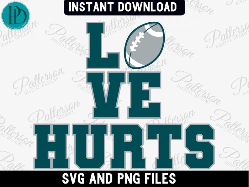 K&ouml;nnte beinhalten: Ein Design in Tealgr&uuml;n und Grau mit dem Text "LOVE HURTS" und einer Fu&szlig;ballgrafik. Der Text ist in einer fetten, blockartigen Schrift.