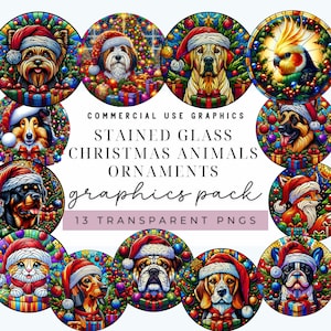 Pacote de clipart de animais de Natal de vitral Pacote festivo de feriados Gráficos de sublimação PNG transparentes para adesivos, enfeites, canecas e faça você mesmo
