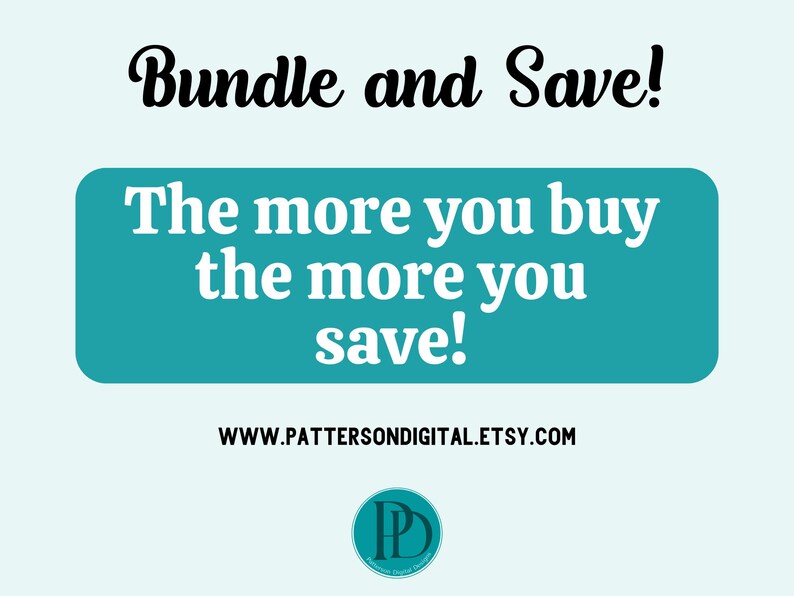 Peut inclure: Graphique promotionnel avec le texte "Bundle and Save!" en &eacute;criture manuscrite. Un rectangle turquoise contient le texte "The more you buy the more you save!" en blanc. L'adresse du site web est &eacute;galement incluse.