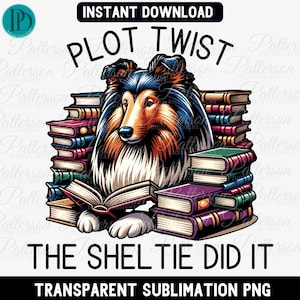 Clip art di un simpatico cane da pastore delle Shetland, Sheltie Mom PNG per lettori, grafica trasparente a sublimazione per mamma cane, Cricut, cane divertente PNG per amanti dei libri