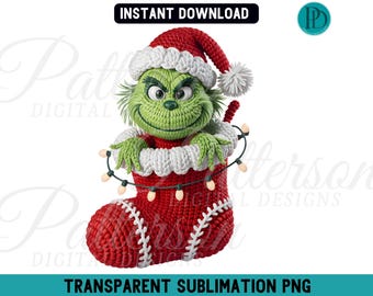 Faux Yarn Christmas Stocking PNG, Cute Knit Baby Grinch Clipart, Grinchmas Sublimation Holiday Graphic (Digital Download)