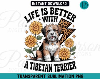 Tibetan Terrier PNG, Sunflower TT Dog Mom Sublimation Graphic (Digital Download)