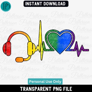 May include: A rainbow-colored heart with a heartbeat line and a headset with a microphone. The design is a watercolor style with a white background. The text "Personal Use Only" and "TRANSPARENT PNG FILE" is at the bottom of the image.