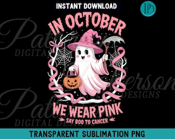 Pink Ghost Halloween Sublimation PNG, October Breast Cancer Awareness Graphic (Digital Download)