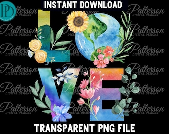 May include: A watercolor illustration of the word "LOVE" with a blue and green earth globe in the center. The letters are decorated with flowers and leaves in shades of pink, yellow, and green.